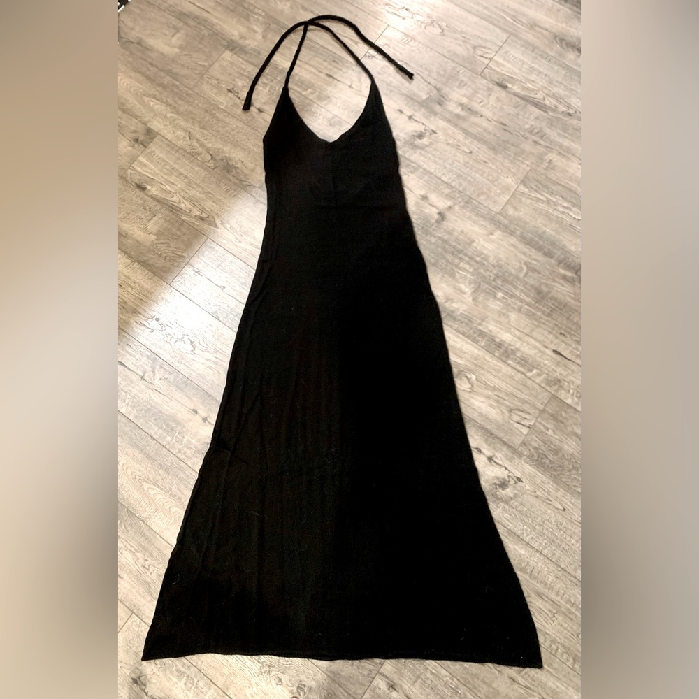 Long, neck tie black dress.